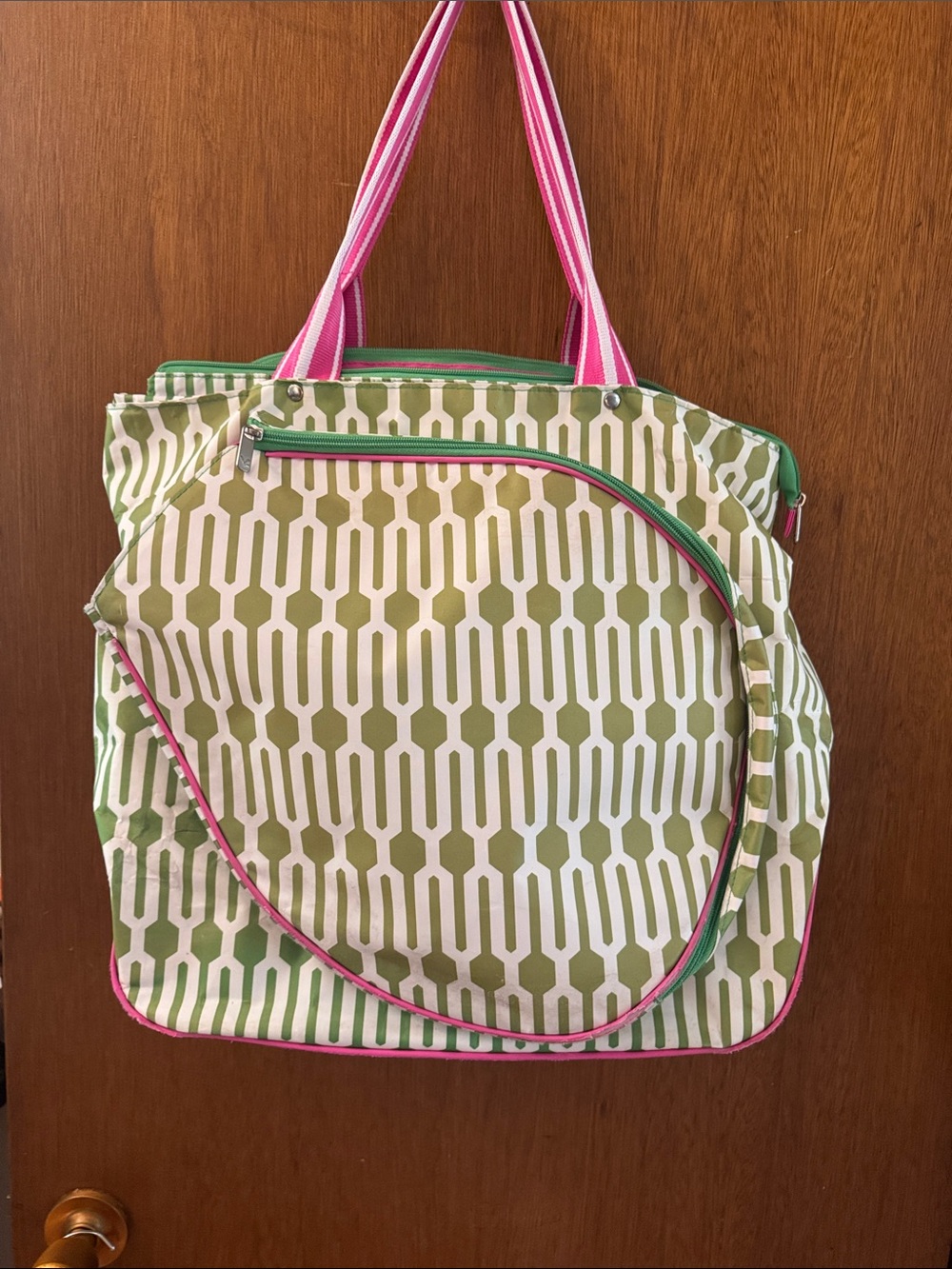 All For Color Olive Green & Pink Geometric Tennis Tote